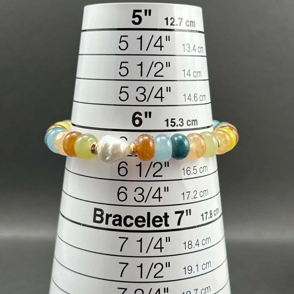 Gemstone Beaded Bracelets Multi Color Rondelle Faux Pearl Stretch 2pc 6.5
